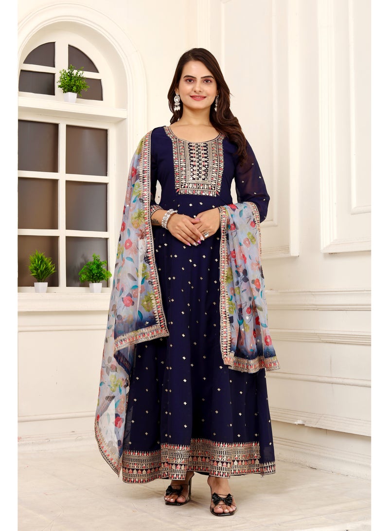 Presenting new designer fox georgette blue gown with embroidered work - Image 1