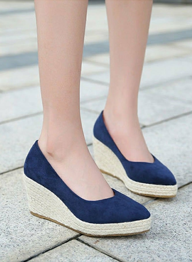 Loquat Women's Platform Espadrilles Wedge Heeled Sandals Slip On Closed Pointed Toe Wedge Pumps Navy Blue  - Image 5