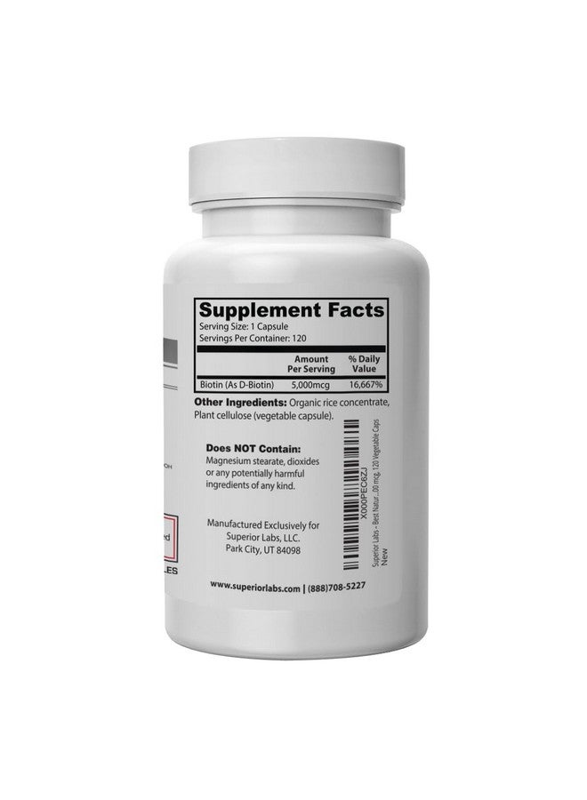 Superior Labs - Best Natural Biotin NonGMO Supplement - for Luscious Longer Hair and Lashes - Stronger Nails - Healthy Skin - Energy Booster - Healthy Weight - 5000 mcg, 120 Vegetable Caps - Image 3