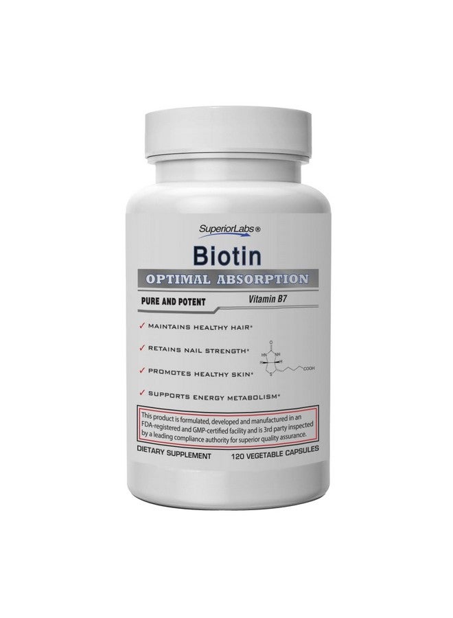 Superior Labs - Best Natural Biotin NonGMO Supplement - for Luscious Longer Hair and Lashes - Stronger Nails - Healthy Skin - Energy Booster - Healthy Weight - 5000 mcg, 120 Vegetable Caps - Image 1