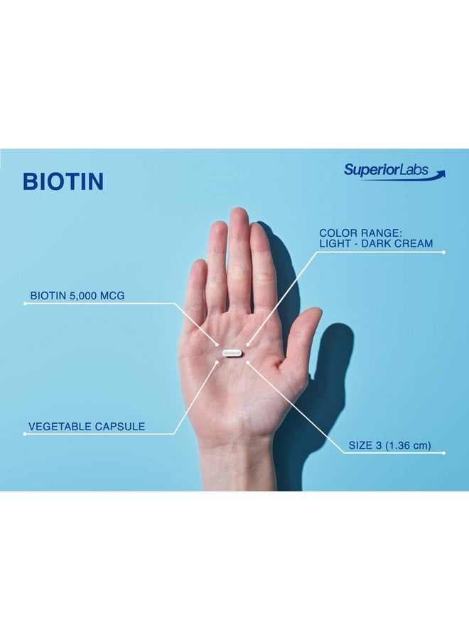 Superior Labs - Best Natural Biotin NonGMO Supplement - for Luscious Longer Hair and Lashes - Stronger Nails - Healthy Skin - Energy Booster - Healthy Weight - 5000 mcg, 120 Vegetable Caps - Image 4