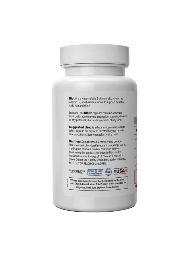 Superior Labs - Best Natural Biotin NonGMO Supplement - for Luscious Longer Hair and Lashes - Stronger Nails - Healthy Skin - Energy Booster - Healthy Weight - 5000 mcg, 120 Vegetable Caps - Image 2