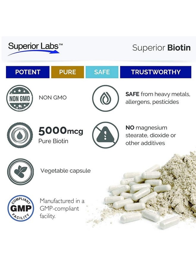 Superior Labs - Best Natural Biotin NonGMO Supplement - for Luscious Longer Hair and Lashes - Stronger Nails - Healthy Skin - Energy Booster - Healthy Weight - 5000 mcg, 120 Vegetable Caps - Image 5