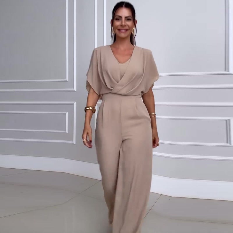 2024 Women'S V-Neck Pleated High Waist Stitching Wide Leg Pants - Image 3