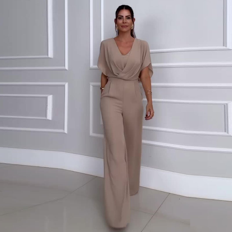 2024 Women'S V-Neck Pleated High Waist Stitching Wide Leg Pants - Image 1