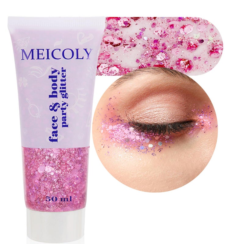 MEICOLY Pink Face Glitter,Pink Body Glitter,Sparkly Hair Glitter,Pink Accessories for Spirit Week,Singer Concerts Lover Heart Halloween Glitter Makeup,Mermaid Glitter Face Paint - Image 1