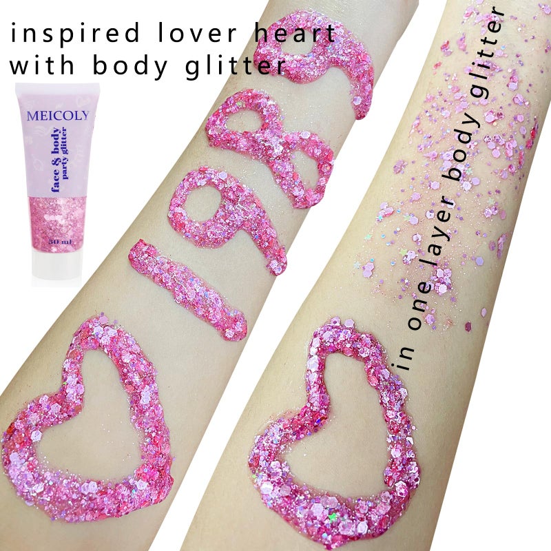 MEICOLY Pink Face Glitter,Pink Body Glitter,Sparkly Hair Glitter,Pink Accessories for Spirit Week,Singer Concerts Lover Heart Halloween Glitter Makeup,Mermaid Glitter Face Paint - Image 5