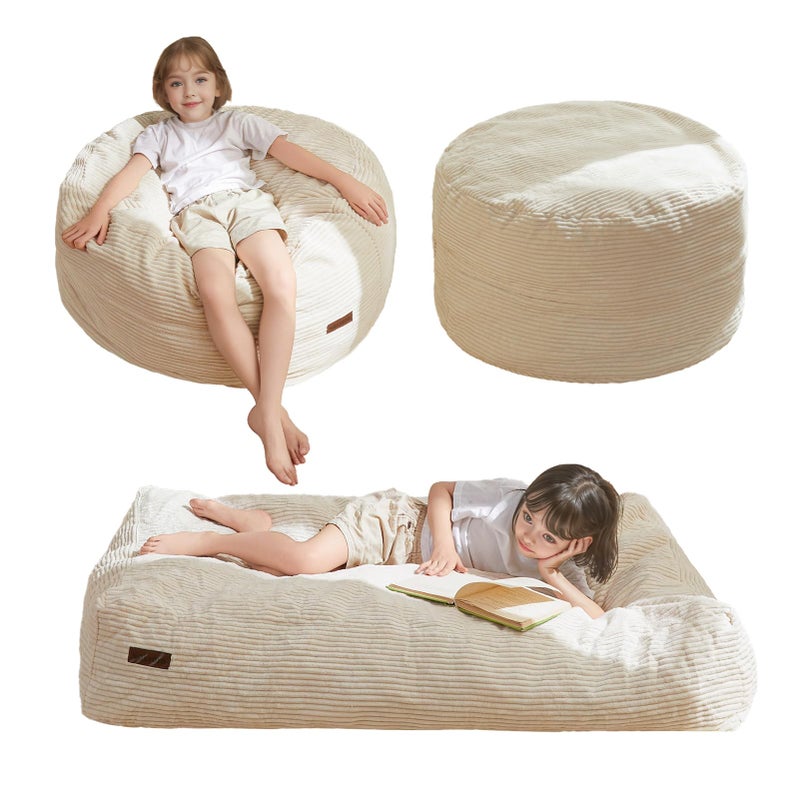 MAXYOYO Bean Bag Chair Bed for Kids Convertible Bean Bag Folds from Lazy Chair to Floor Mattress Bed Machine Washable Corded Fabric Stuffed Floor Sofa Couch for Boys and Girls Beige