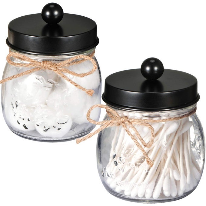 2 PACK QTIP HOLDERS BLACK BATHROOM DECOR COTTON SWAB HOLDERS BATHROOM JARS RESTROOM DECOR FOR COTTON BALLS PADS FLOSS PICKS BLACK