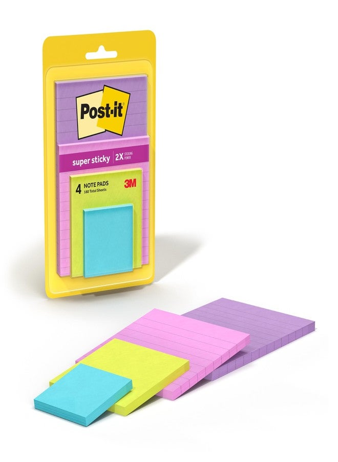 Post-it Super Sticky Notes, Assorted Sizes, 4 Pads, 2x the Sticking Power, Supernova Neons, Neon Colors, Recyclable (4622-SSMIA) - Image 1