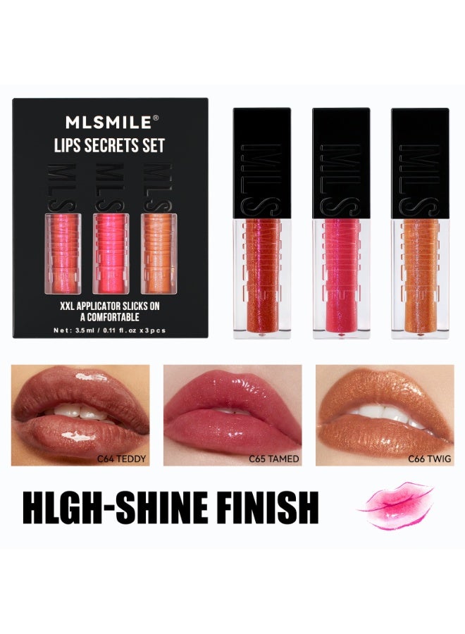 3 pcs Glossy Mirror Lip Tint Trendy Celebrity Peach | Peach Nude High-Shine Finish, Lightweight Non-Sticky Lip Color,Up to 12H Wear - Image 1