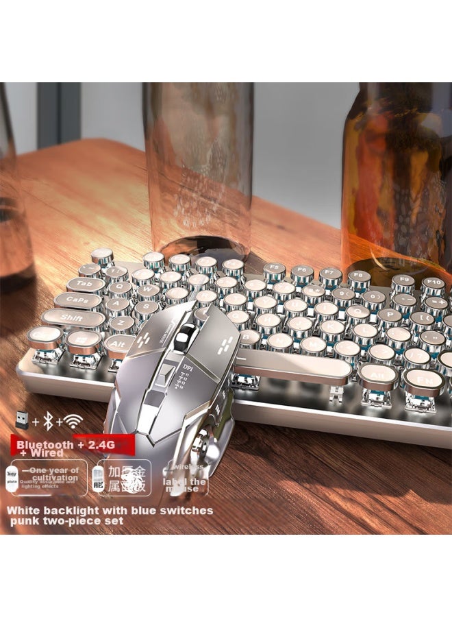 Eweadn Tk950 Wireless Bluetooth Punk Mechanical Keyboard And Mouse Set, Wired Tri-mode, For Office And Gaming, Computer And Laptop, Blue Switch, Retro Peripherals, White And White Light - Image 1