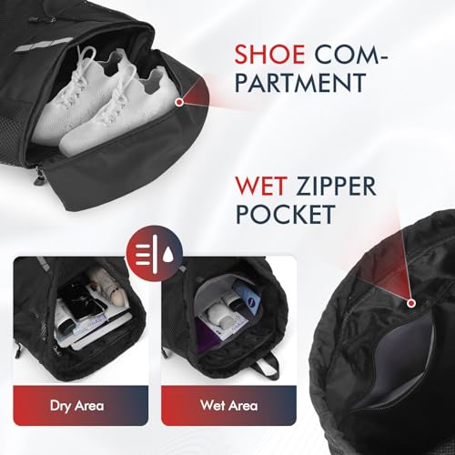 PinCute Drawstring Gym Bag for Men/Women - Mesh Beach Swim Bags Sports Backpack with Wet Pocket&Shoe Compartment, Lightweight (Black) - Image 2