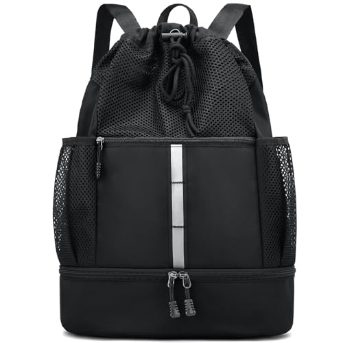 PinCute Drawstring Gym Bag for Men/Women - Mesh Beach Swim Bags Sports Backpack with Wet Pocket&Shoe Compartment, Lightweight (Black) - Image 1
