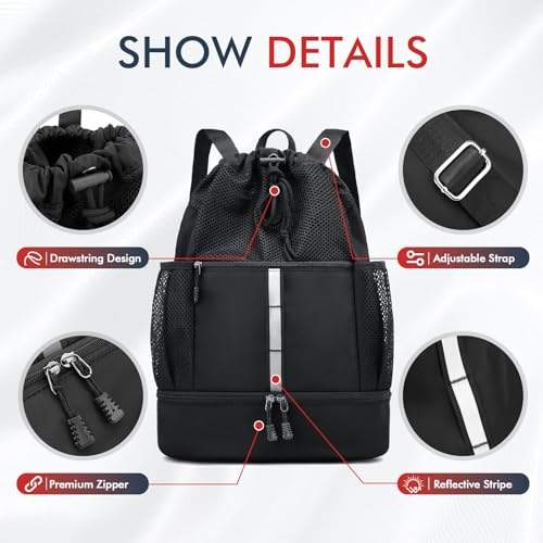 PinCute Drawstring Gym Bag for Men/Women - Mesh Beach Swim Bags Sports Backpack with Wet Pocket&Shoe Compartment, Lightweight (Black) - Image 5