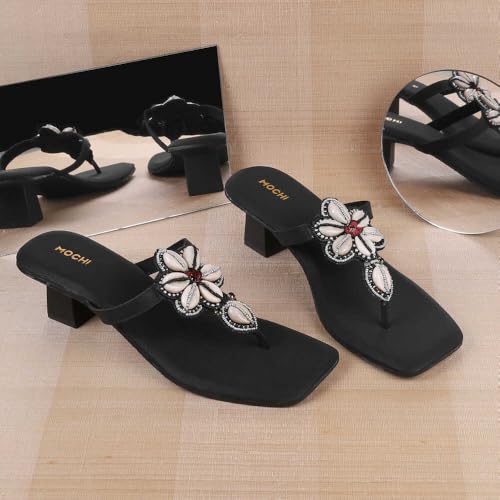 Mochi Women Black Synthetic Floral-Embellished Block Heel Sandal UK/4 EU/37 (32-951) - Image 2