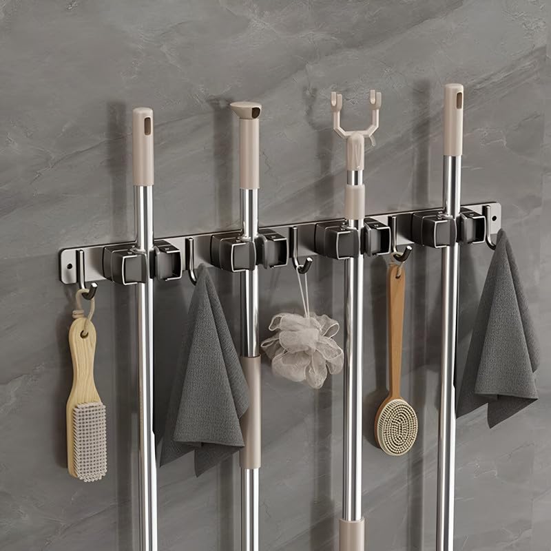 INKULTURE Stainless Steel Mop and Broom Holder for Wall Mount with 04 Rack and 05 Hook for Home Organization Kitchen Bathroom Office Garden Etc Color Grey Pack of 01