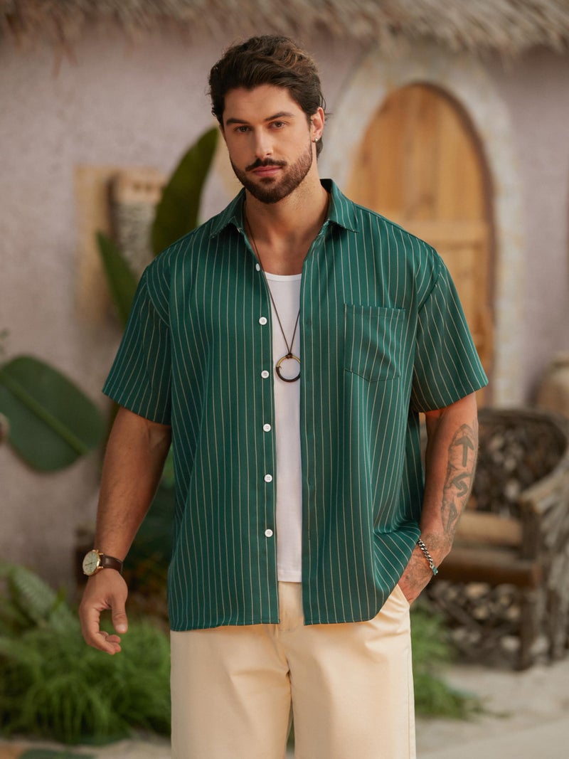 Hardaddy Men's Casual Striped Shirts Button Down Short Sleeve Blouse Summer Hawaiian Shirt Green L - Image 3