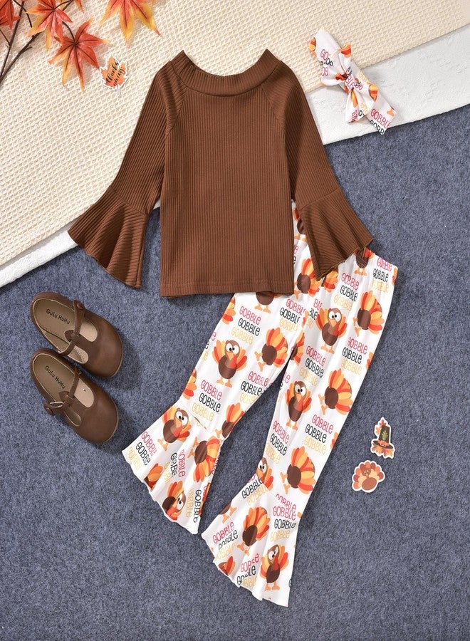 HIHA 5-6T Toddler Girls Thanksgiving Outfit Turkey Clothes Brown Flare Sleeve Tops Gobble Print Bell Bottom Pants Set - Image 5