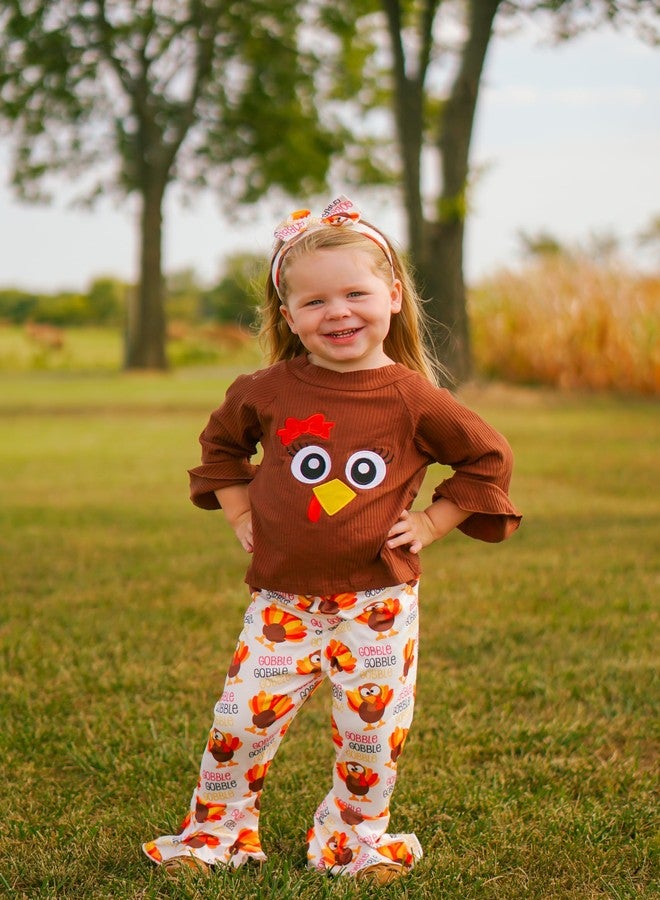 HIHA 5-6T Toddler Girls Thanksgiving Outfit Turkey Clothes Brown Flare Sleeve Tops Gobble Print Bell Bottom Pants Set - Image 2