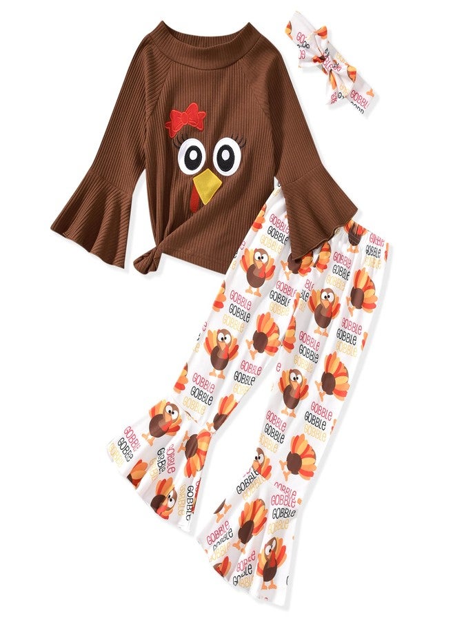 HIHA 5-6T Toddler Girls Thanksgiving Outfit Turkey Clothes Brown Flare Sleeve Tops Gobble Print Bell Bottom Pants Set - Image 1