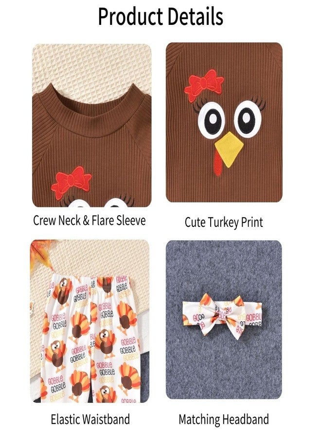 HIHA 5-6T Toddler Girls Thanksgiving Outfit Turkey Clothes Brown Flare Sleeve Tops Gobble Print Bell Bottom Pants Set - Image 4