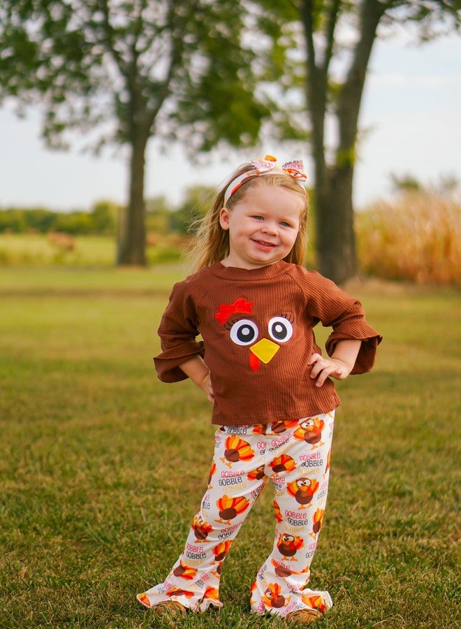 HIHA 5-6T Toddler Girls Thanksgiving Outfit Turkey Clothes Brown Flare Sleeve Tops Gobble Print Bell Bottom Pants Set - Image 3