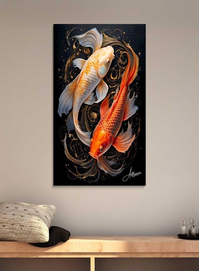 Artfluence لوحة فنية من Artfluence، مستوحاة من فنغ شوي وفاستو، بتصميم سمكتي كوي على الطراز الياباني، لتزيين جدران غرفة المعيشة، جاهزة للتعليق، لوحة قماشية فاخرة مؤطرة، مقاس 12 × 16 بوصة - Image 1