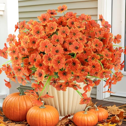 MACTING 12 Bundles Artificial Fall Flowers for Outdoors UV Resistant Faux Mums with Silk Blooms Fake Autumn Flowers for Porch Planters Garden Patio Window Box Thanksgiving Decorations Orange - Image 1