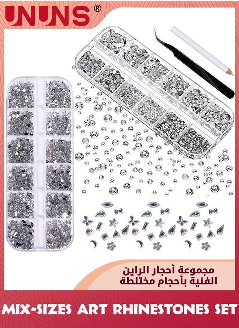 2 Set Crystals Art Rhinestones-2100 Pcs Flat Back Gems Round Crystal Rhinestones 6 Sizes,1440 Pcs Crystals Irregular Acrylic Gems Decoration,For Craft Clothes Shoes Bags Face Nails Phone DIY