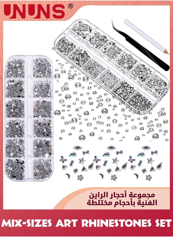2 Set Crystals Art Rhinestones-2100 Pcs Flat Back Gems Round Crystal Rhinestones 6 Sizes,1440 Pcs Crystals Irregular Acrylic Gems Decoration,For Craft Clothes Shoes Bags Face Nails Phone DIY