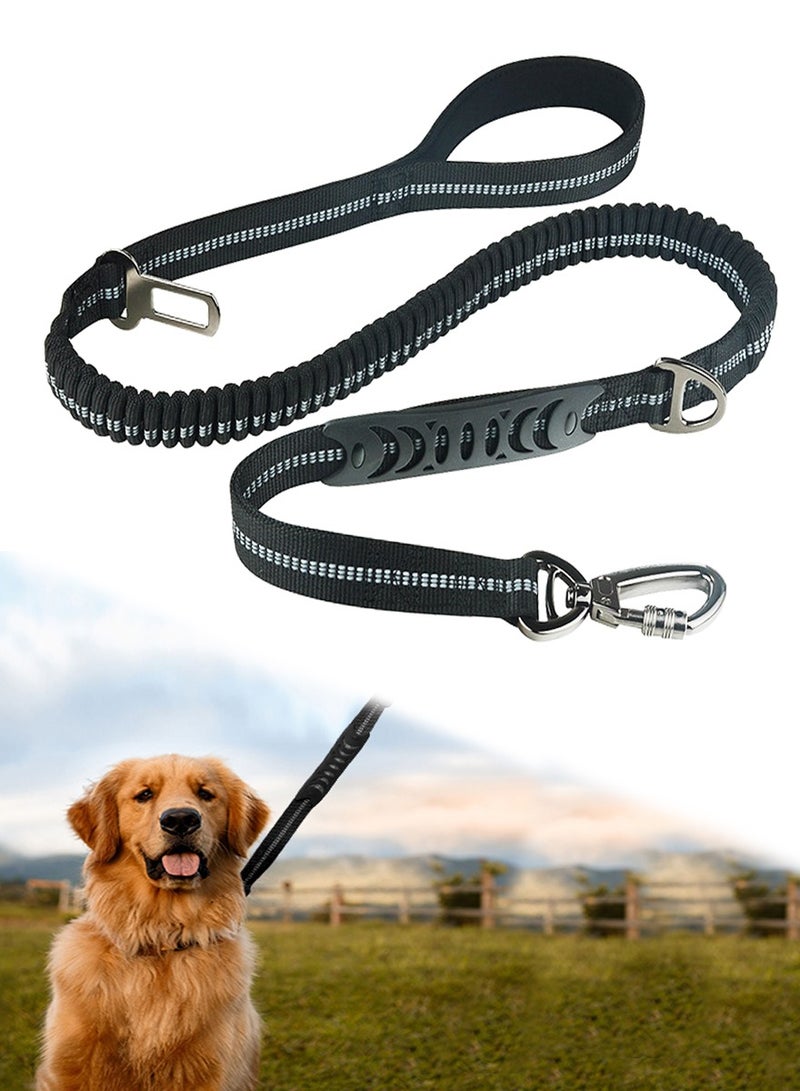 جلد الكلب ذو الخدمة الشاقة للكلاب الكبيرة والمتوسطة، شريط عاكس، مع حزام مقعد السيارة ومقبض مبطن لامتصاص الصدمات، بنجي مرن 190 × 2.5 سم، بحد أقصى 70 كجم، أسود - Image 1