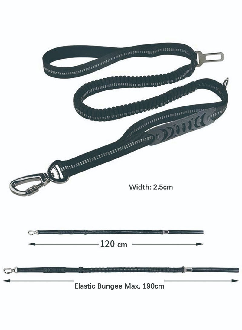 جلد الكلب ذو الخدمة الشاقة للكلاب الكبيرة والمتوسطة، شريط عاكس، مع حزام مقعد السيارة ومقبض مبطن لامتصاص الصدمات، بنجي مرن 190 × 2.5 سم، بحد أقصى 70 كجم، أسود - Image 2