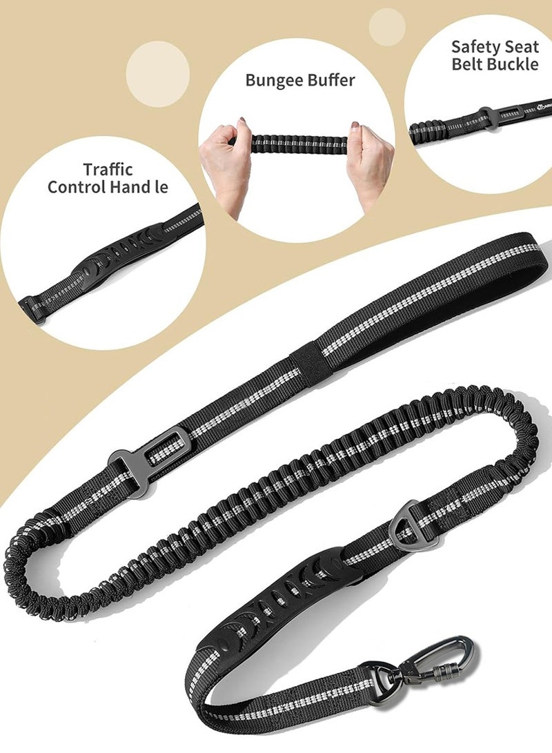 جلد الكلب ذو الخدمة الشاقة للكلاب الكبيرة والمتوسطة، شريط عاكس، مع حزام مقعد السيارة ومقبض مبطن لامتصاص الصدمات، بنجي مرن 190 × 2.5 سم، بحد أقصى 70 كجم، أسود - Image 4