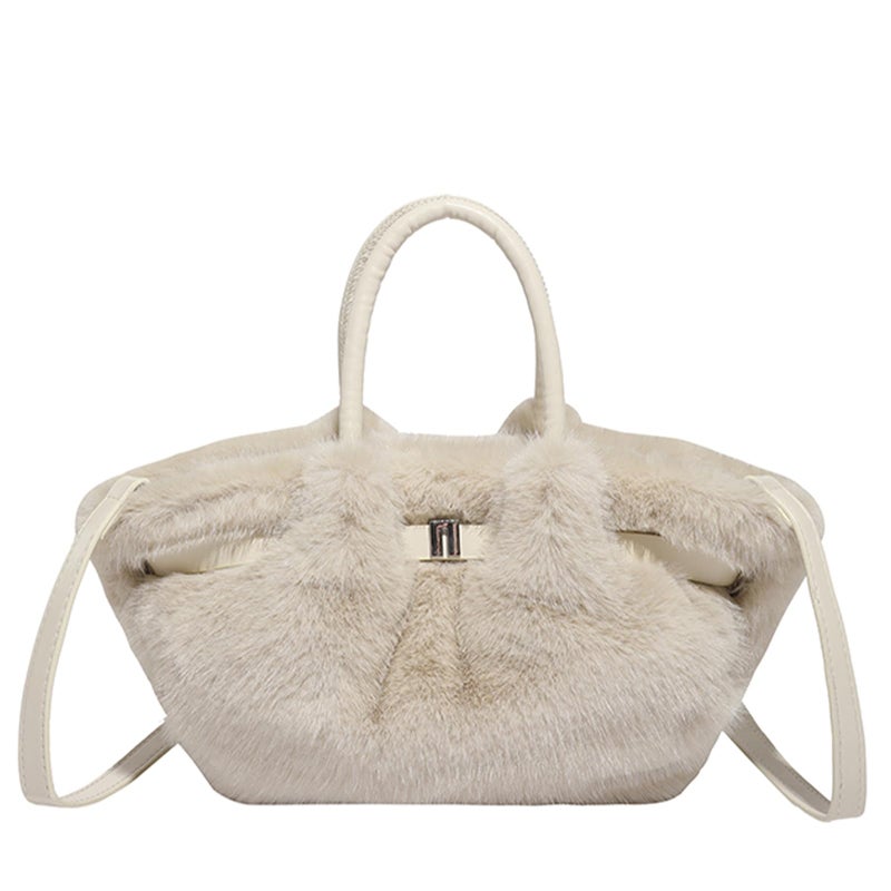 Extolove Furry Purse Mini Fluffy Tote Bag Designer Fuzzy Crossbody Handbag Faux Fur Purses for Women Plush Bag (White) - Image 1