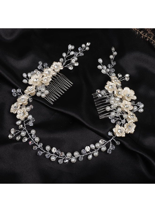 BERYUAN Bridal White Flowers Crystal Pearl hair comb Silver Hair Accessories for Wedding Women and Girls Side Flower Headband Hair Comb - Image 4