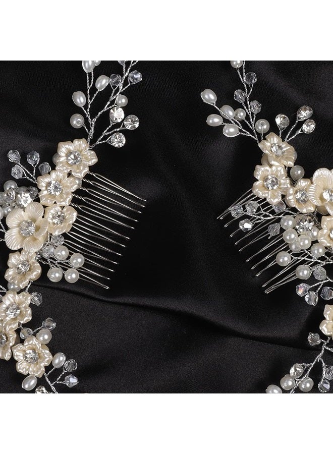 BERYUAN Bridal White Flowers Crystal Pearl hair comb Silver Hair Accessories for Wedding Women and Girls Side Flower Headband Hair Comb - Image 5