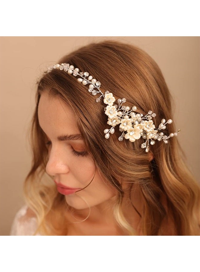 BERYUAN Bridal White Flowers Crystal Pearl hair comb Silver Hair Accessories for Wedding Women and Girls Side Flower Headband Hair Comb - Image 2