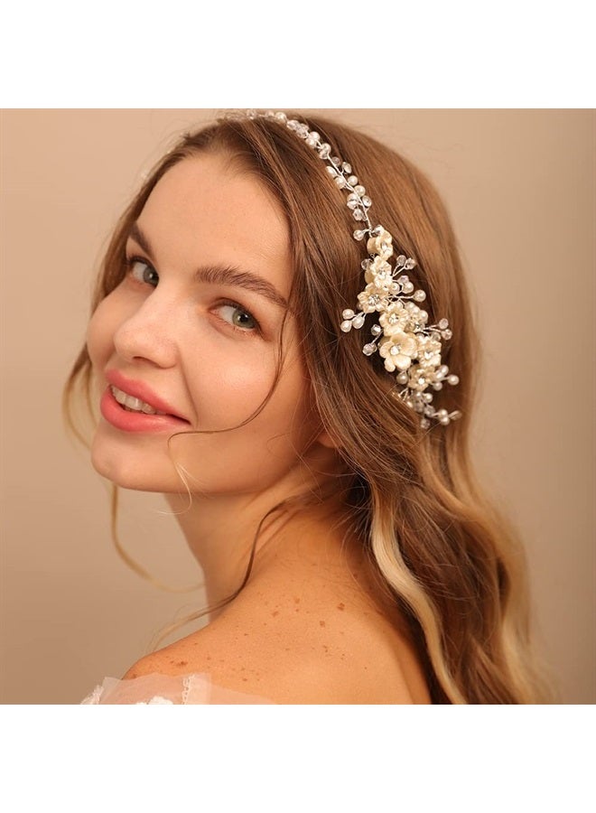 BERYUAN Bridal White Flowers Crystal Pearl hair comb Silver Hair Accessories for Wedding Women and Girls Side Flower Headband Hair Comb - Image 3