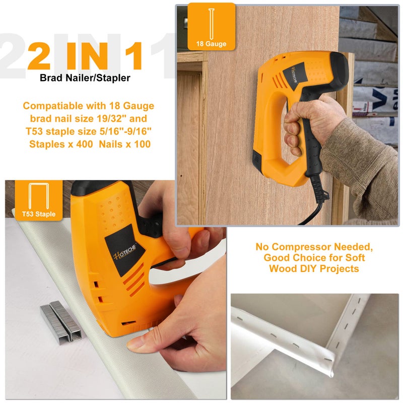 Hoteche Electric Brad Nailer/Stapler - 2-in-1 Power Staple Gun & Nail Gun for Woodworking & Upholstery - Includes 100Pcs 19/32-Inch Brad Nails & 400Pcs 3/8-Inch Staples - Image 5