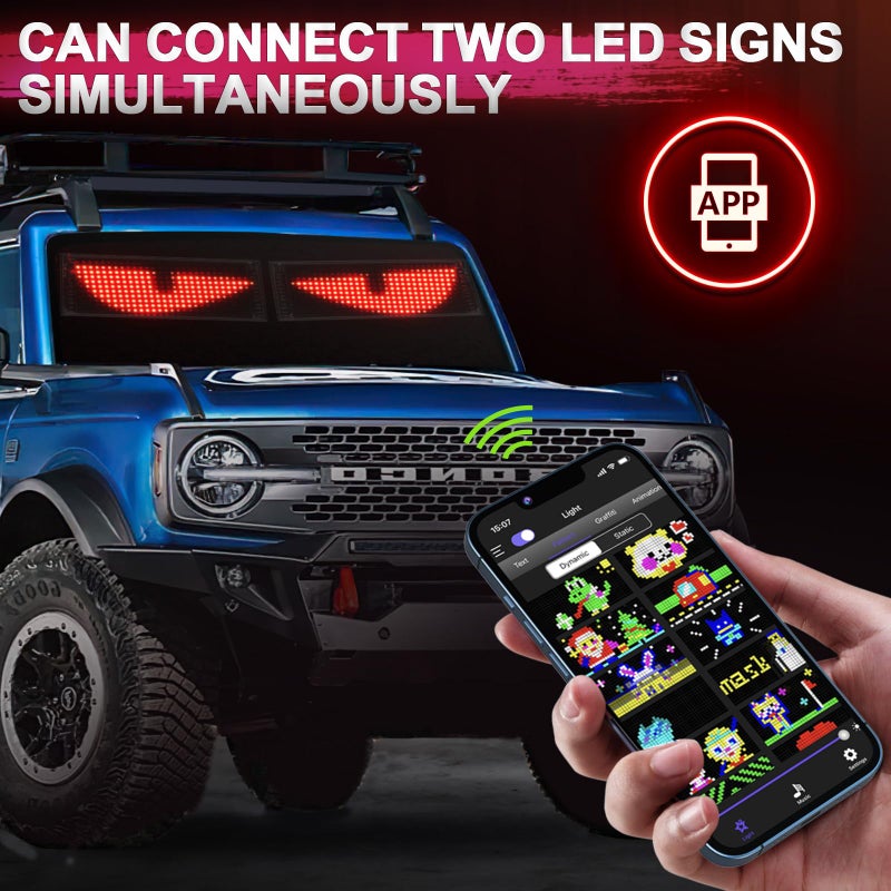 Rayhome راي هوم ترقية مزامنة متعددة عيون الشيطان، 15''x4'' عيون LED ملونة كاملة لزجاج السيارة الأمامي، شاشة LED قابلة للبرمجة للتمرير للسيارة، عيون متحركة LED للسيارة SUV نافذة - Image 2