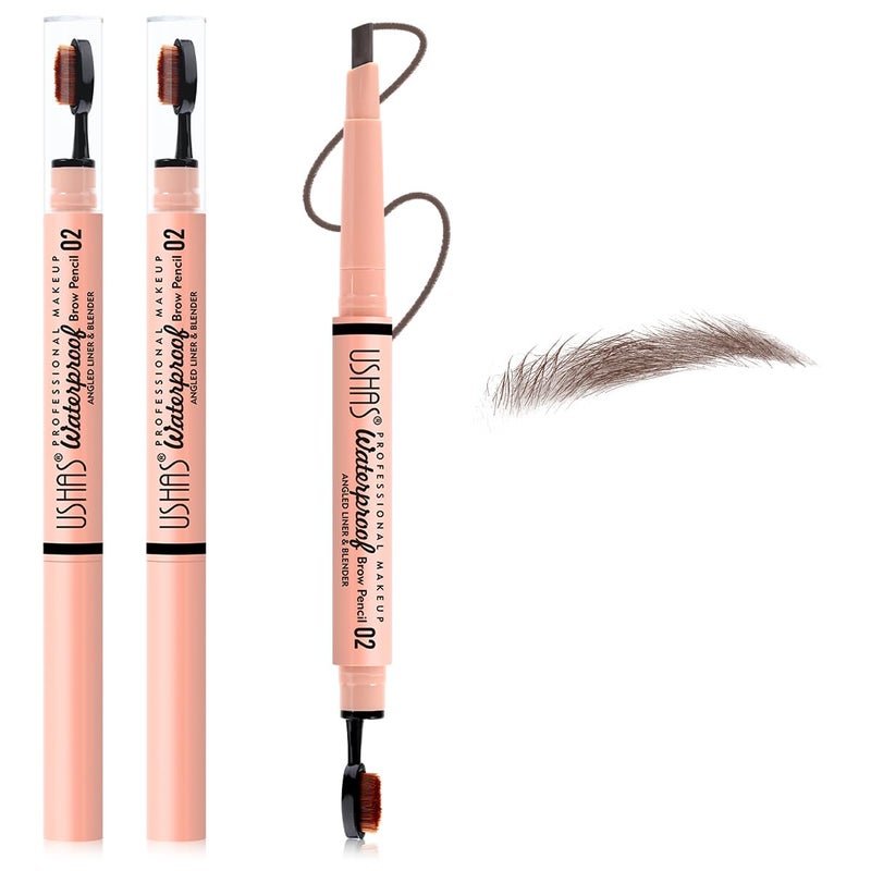 Ushas قلم حواجب USHAS 2 قطعة - قلم حواجب مع فرشاة 2 في 1 مزدوجة الطرف لحواجب النساء، شكل ومليء الحواجب، يدوم طوال اليوم ومقاوم للماء (02، عبوة من 2)