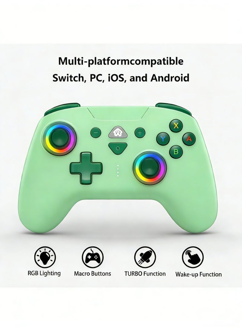 Wireless Switch Controllers for Nintendo Switch, 6-Axis Gyro, Turbo Function, 7-Color RGB Lights, Compatible with Switch1/Switch2/PC (Wired)/iOS, All Functions Included with a Stylish Design and Cute Color - Green - Image 2