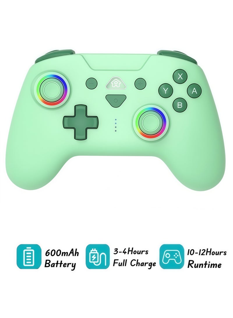 Wireless Switch Controllers for Nintendo Switch, 6-Axis Gyro, Turbo Function, 7-Color RGB Lights, Compatible with Switch1/Switch2/PC (Wired)/iOS, All Functions Included with a Stylish Design and Cute Color - Green - Image 1