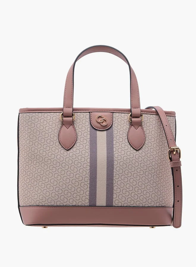 Monogram Print Tote Bag with Zip Closure and Double Handle