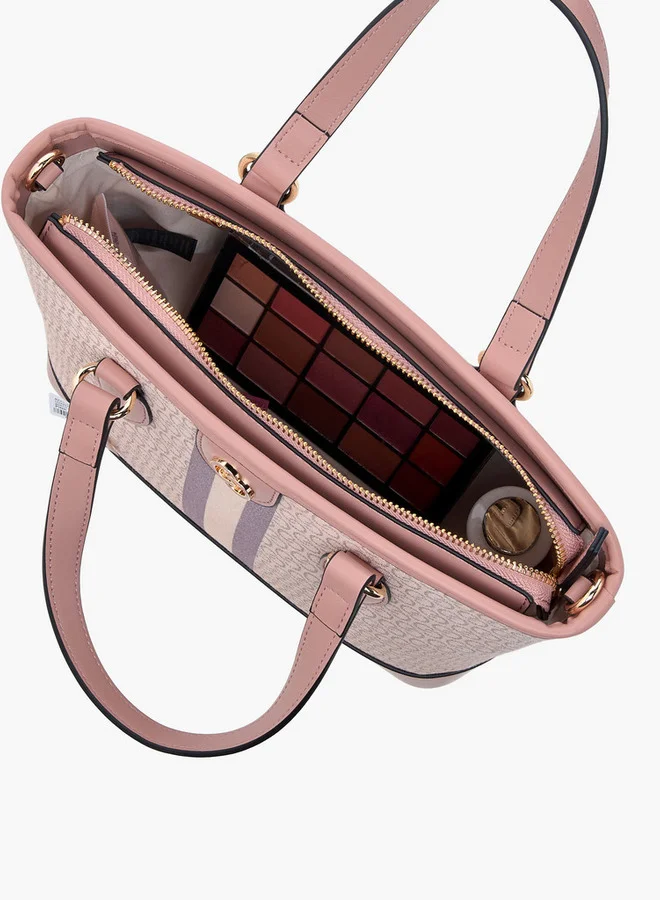 Celeste pink Monogram Print Tote Bag with Zip Closure and Double Handle  | Best Price UAE