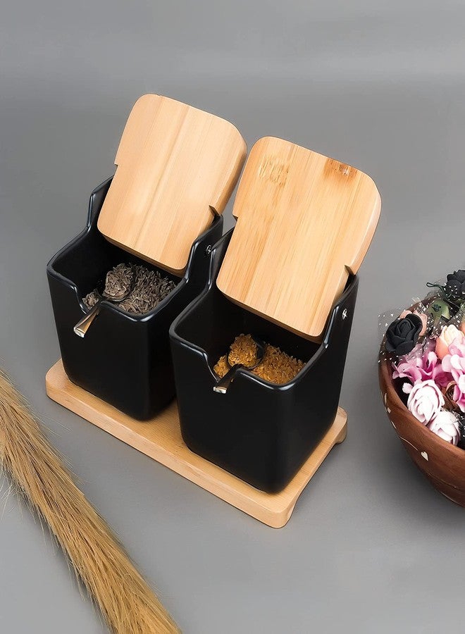 Tendula Ceramic Condiment Pot with Wood Tray, 2 Pcs Black Porcelain Spice Jars with Spoons and Bamboo Lids, Perfect for Sugar Salt Pepper - Image 3