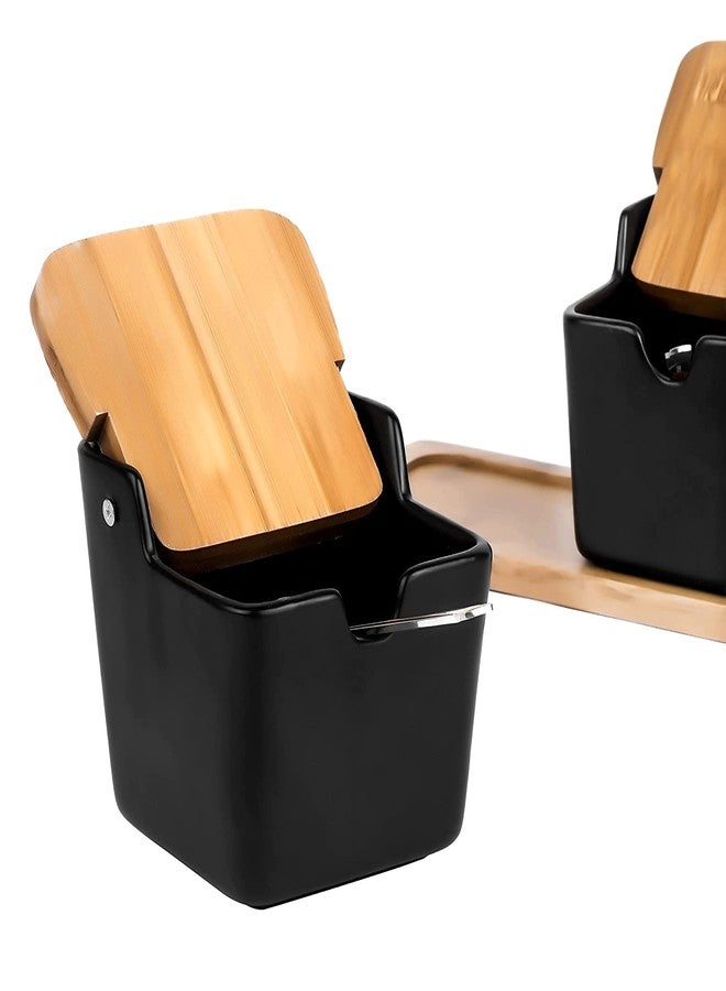 Tendula Ceramic Condiment Pot with Wood Tray, 2 Pcs Black Porcelain Spice Jars with Spoons and Bamboo Lids, Perfect for Sugar Salt Pepper - Image 4
