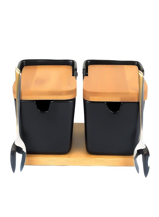 Tendula Ceramic Condiment Pot with Wood Tray, 2 Pcs Black Porcelain Spice Jars with Spoons and Bamboo Lids, Perfect for Sugar Salt Pepper - Image 2