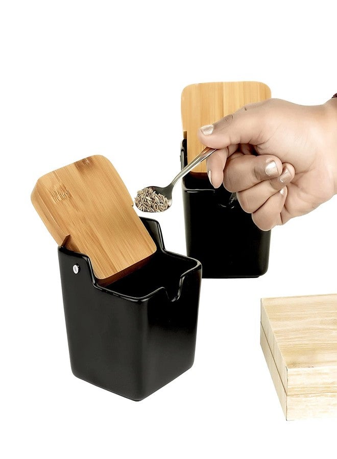 Tendula Ceramic Condiment Pot with Wood Tray, 2 Pcs Black Porcelain Spice Jars with Spoons and Bamboo Lids, Perfect for Sugar Salt Pepper - Image 5